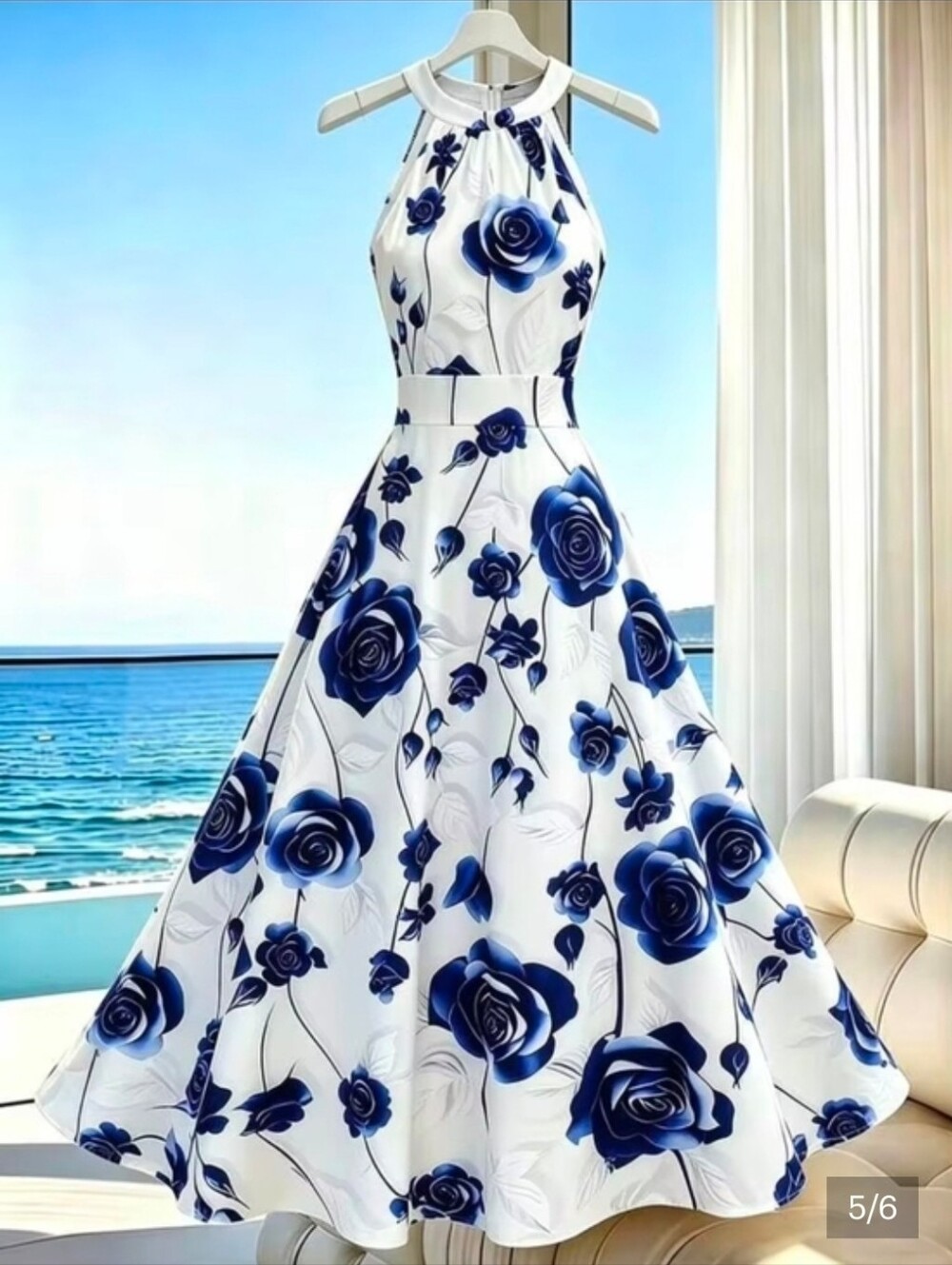 SHEIN White Halter Maxi Dress with Blue Rose Print